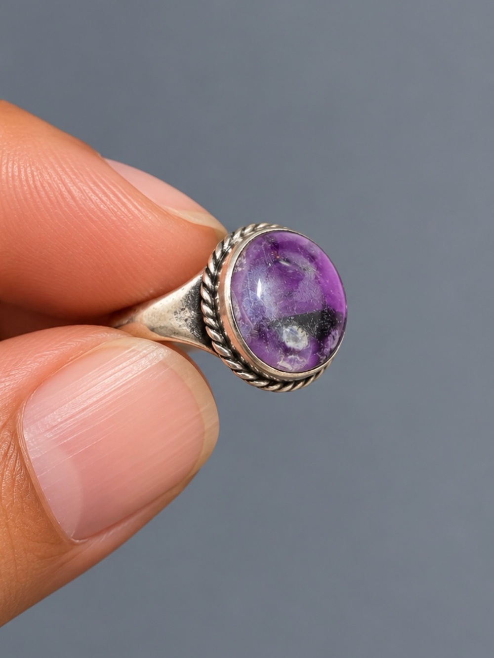 925 Sterling Silver Purple Gemstone Rope-Edge Ring